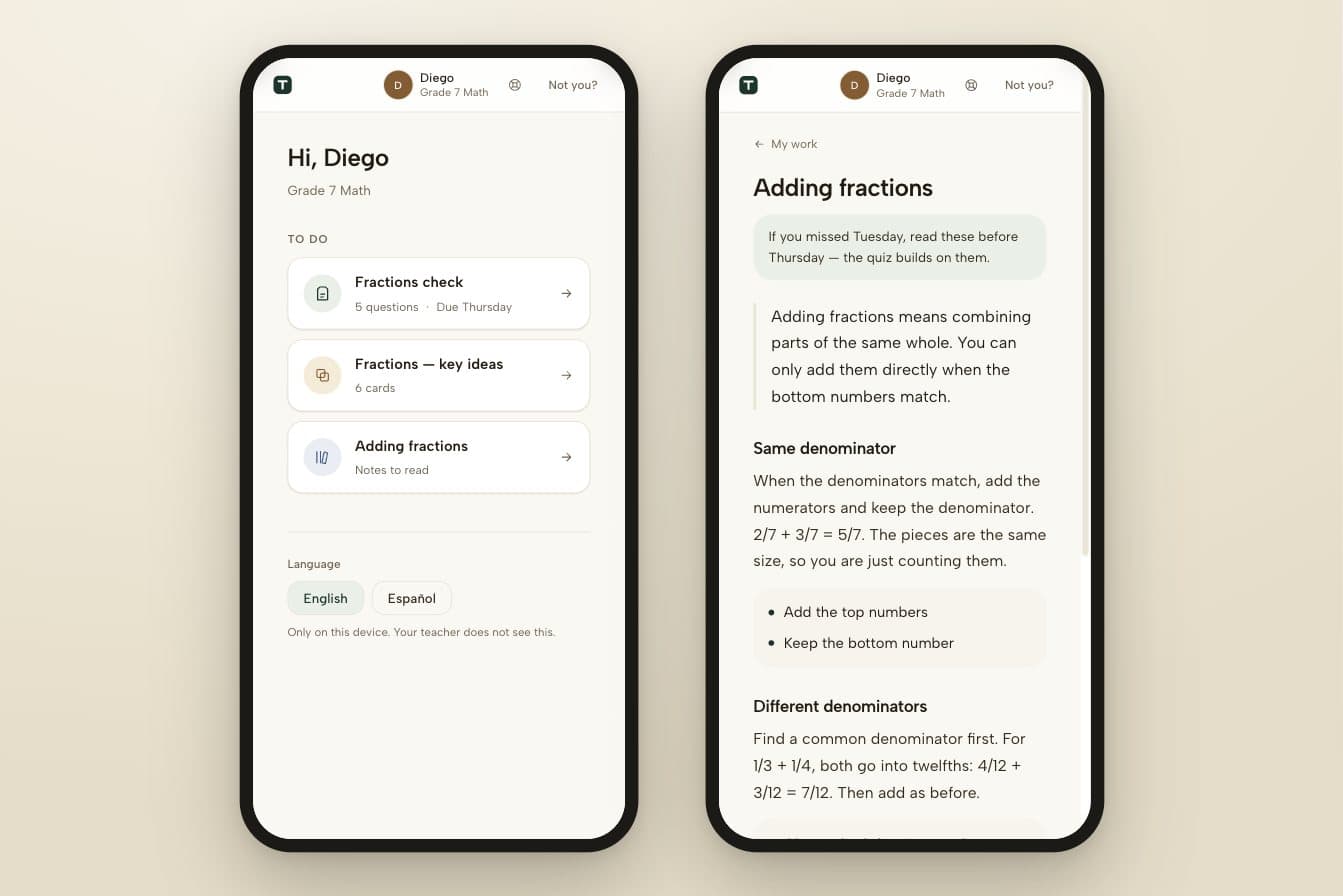 Two phones. On the left, a student's list of work with a quiz, a flashcard deck and notes to read; on the right, notes on adding fractions with the teacher's message: if you missed Tuesday, read these before Thursday
