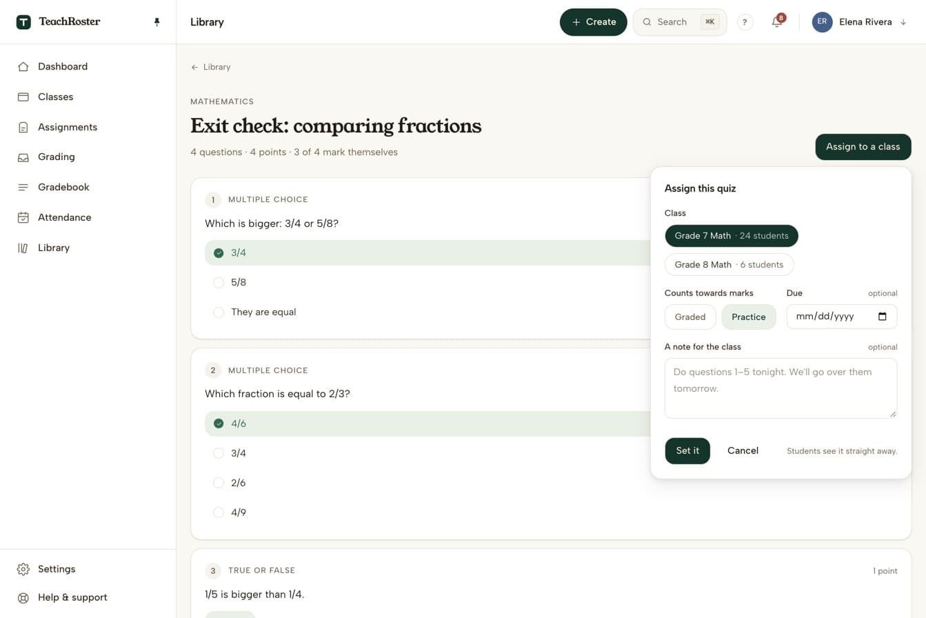 Assigning a four-question quiz called Exit check: comparing fractions to Grade 7 Math, with Counts towards marks set to Practice rather than Graded