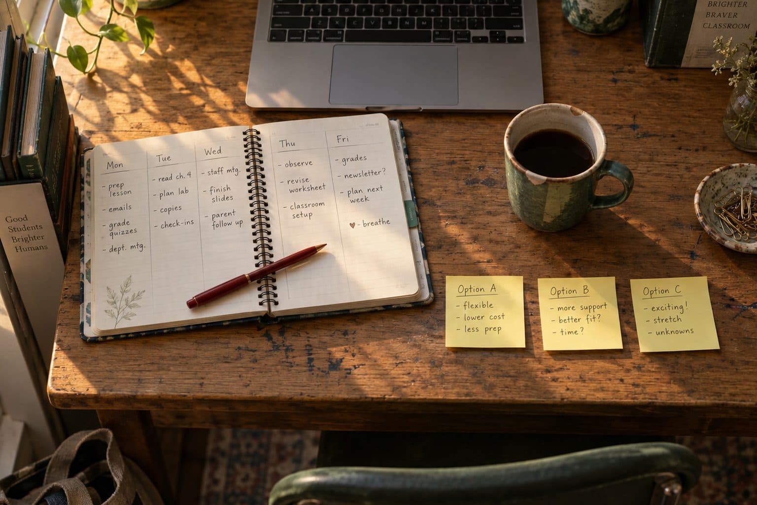 A teacher's desk in afternoon light with a laptop, an open weekly planner listing lesson prep and marking, and three sticky notes weighing up Option A, B and C