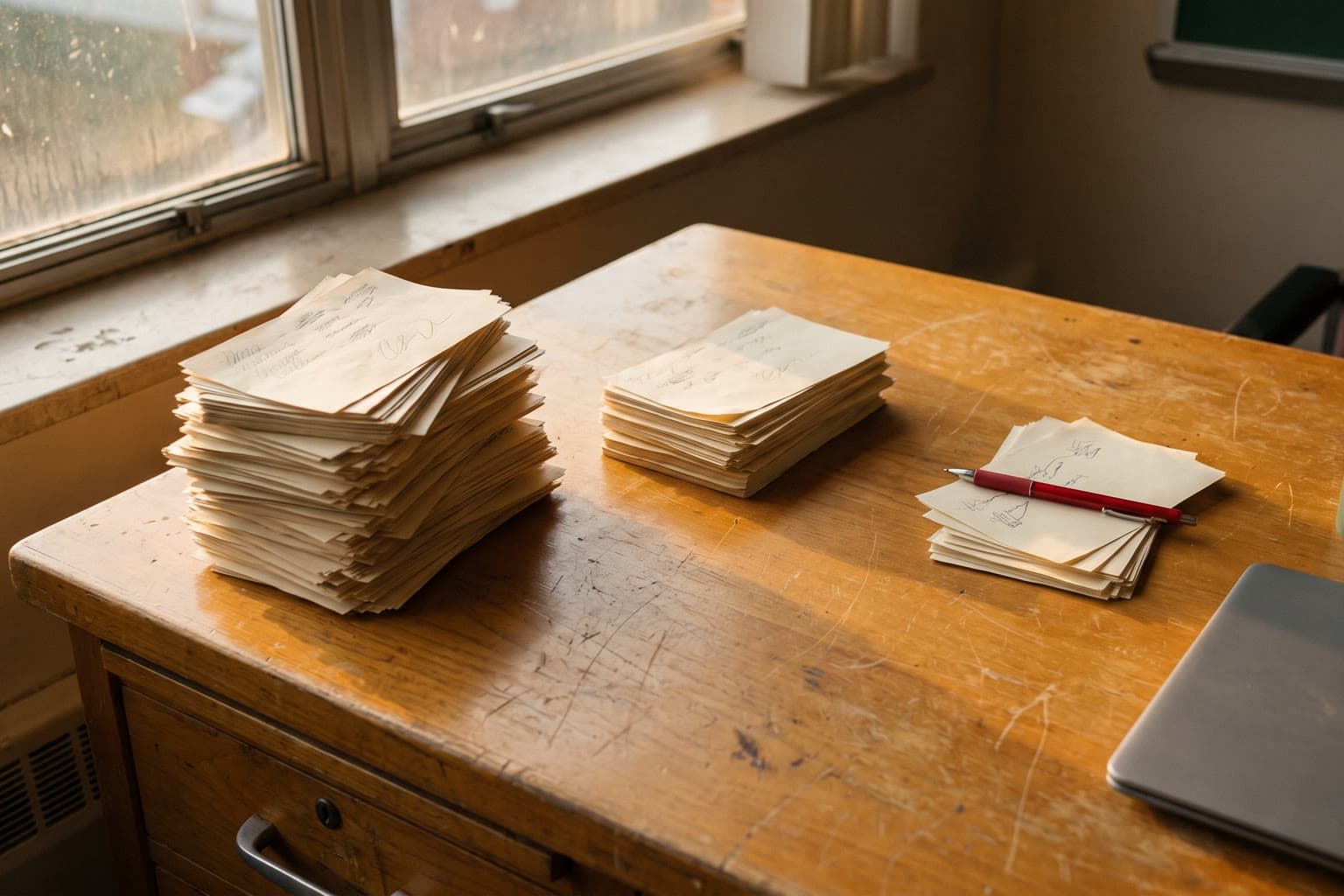 Paper exit slips sorted into three piles on a teacher's wooden desk after class — a tall pile, a medium pile and a small pile with a red pen across it — beside a closed laptop and a mug