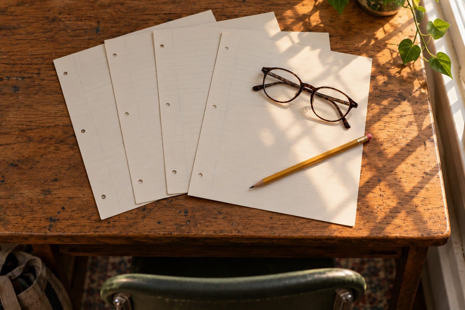 Four sheets of blank lined paper fanned out on a wooden classroom desk beside reading glasses and a pencil, in dappled morning light