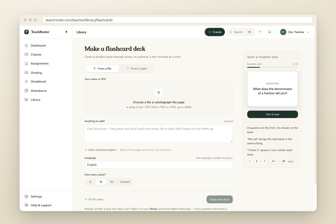 The Make a flashcard deck page, with a file upload box on the left and, on the right, a panel showing what a student sees: an example card and the review gaps of 1, 3, 7, 16 and 35 days.