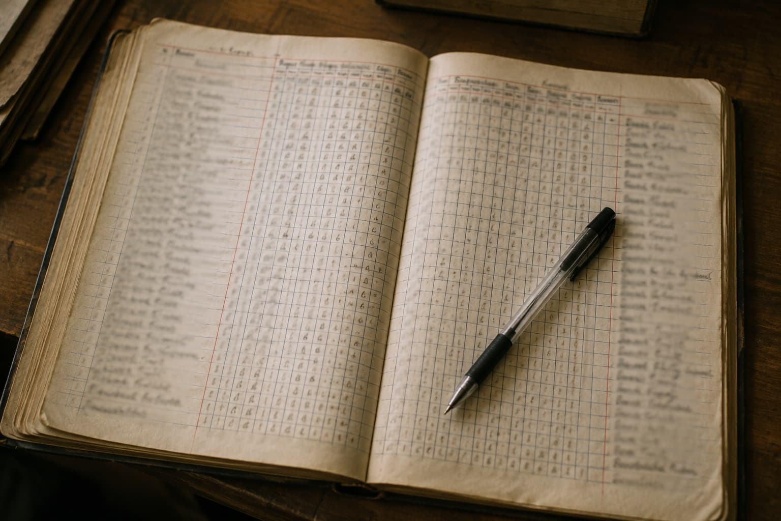 An open paper attendance register showing columns of handwritten marks across many weeks, with a pen resting on the page