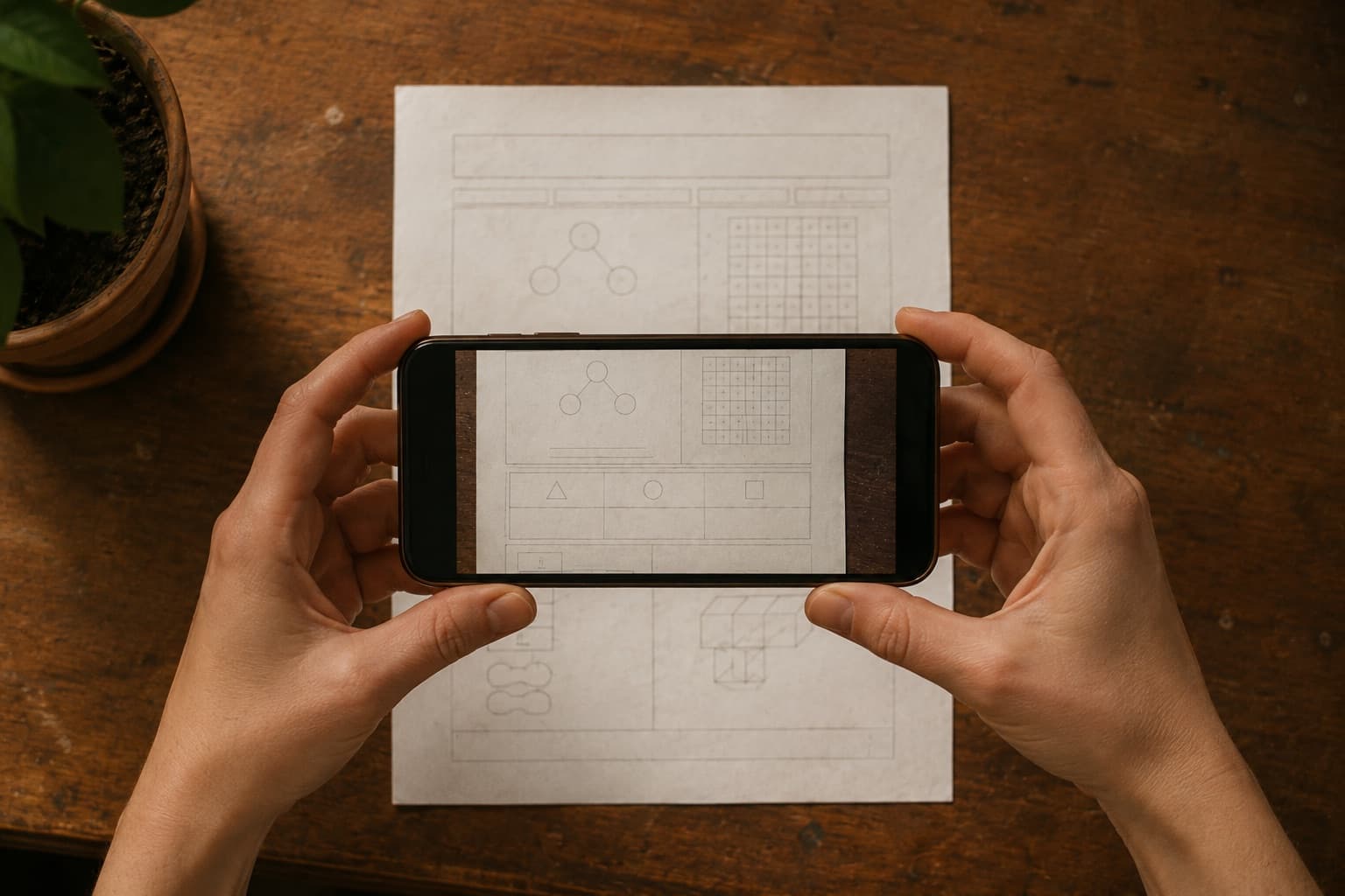 Two hands holding a phone flat above a paper worksheet on a wooden desk, photographing the whole page evenly