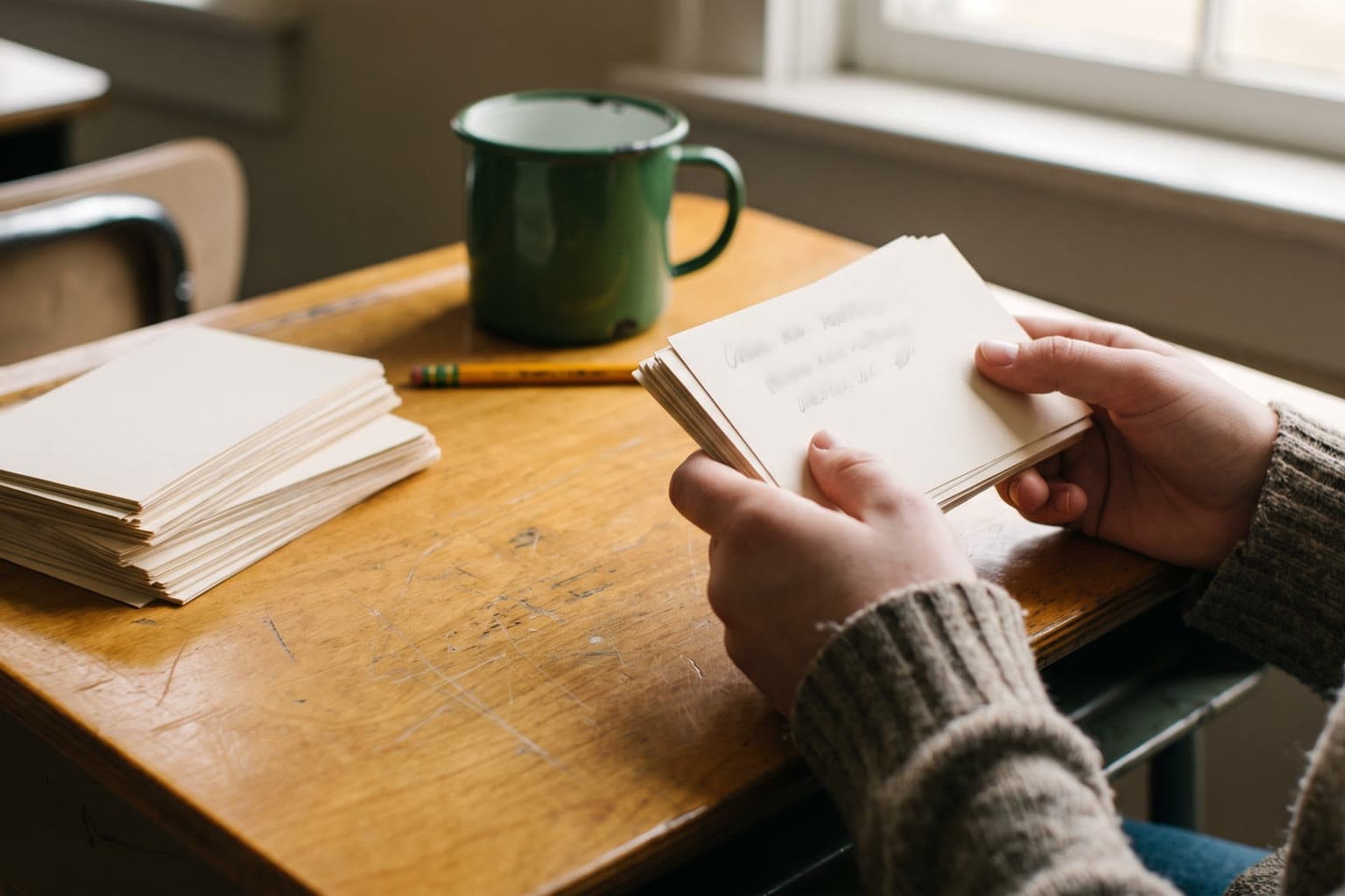 A student in a knitted jumper holding a handwritten index card at a worn wooden school desk by a window, with two small piles of cards, a yellow pencil and a green enamel mug beside them