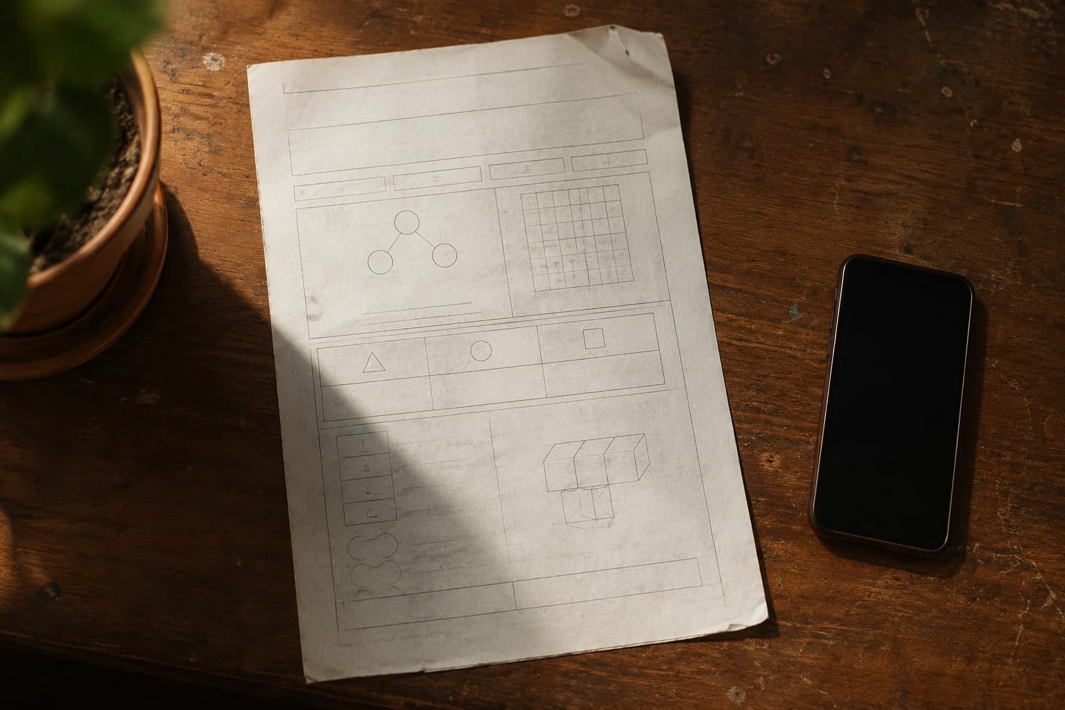 A photocopied maths worksheet and a phone lying side by side on a worn wooden desk in afternoon light