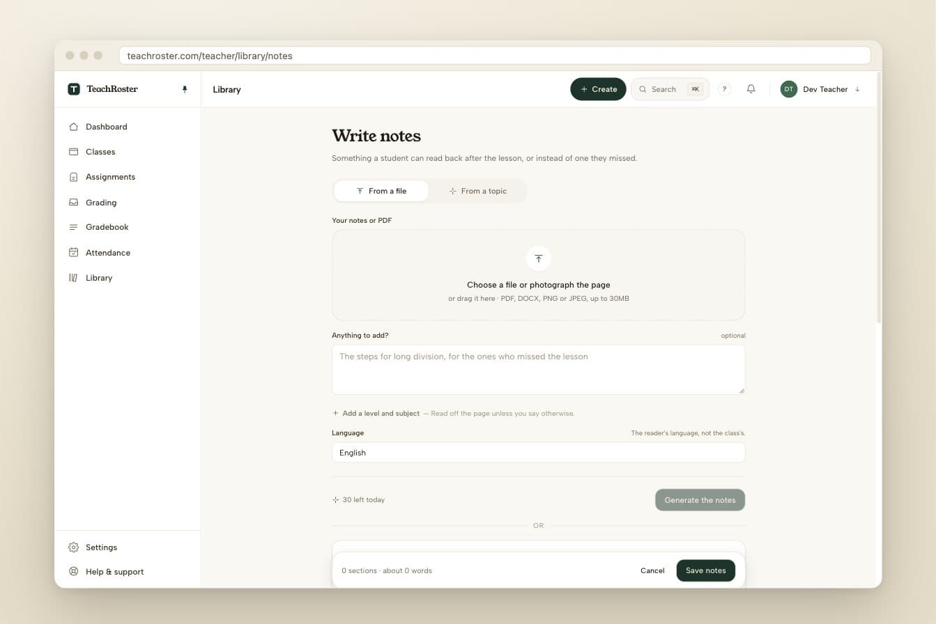 The Write notes page in TeachRoster, with a box to choose a file or photograph the page, an optional note, and a language setting.