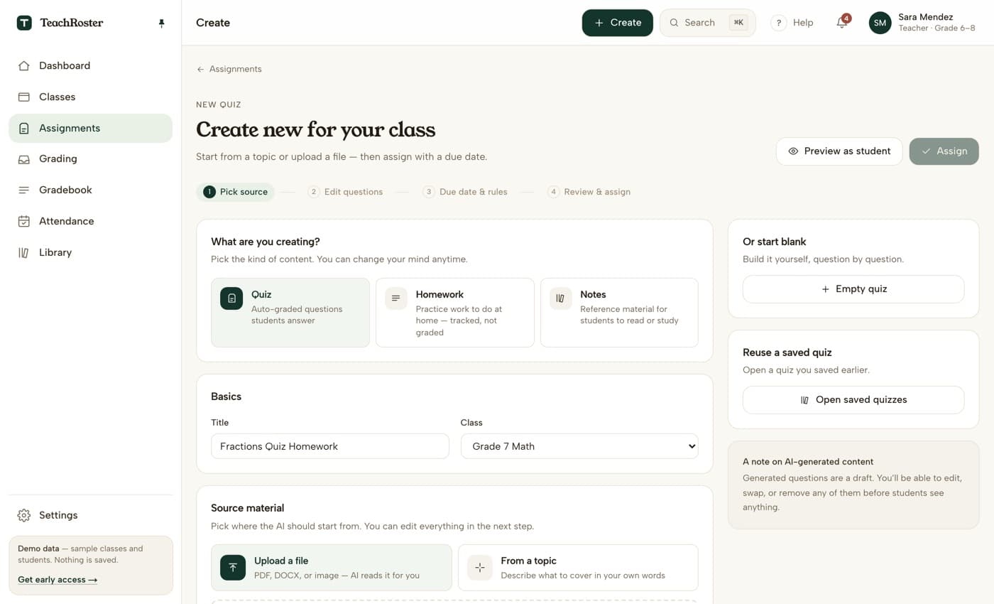 El asistente de creación de cuestionarios de TeachRoster — elegir la fuente, editar preguntas, poner fecha y reglas, revisar y asignar