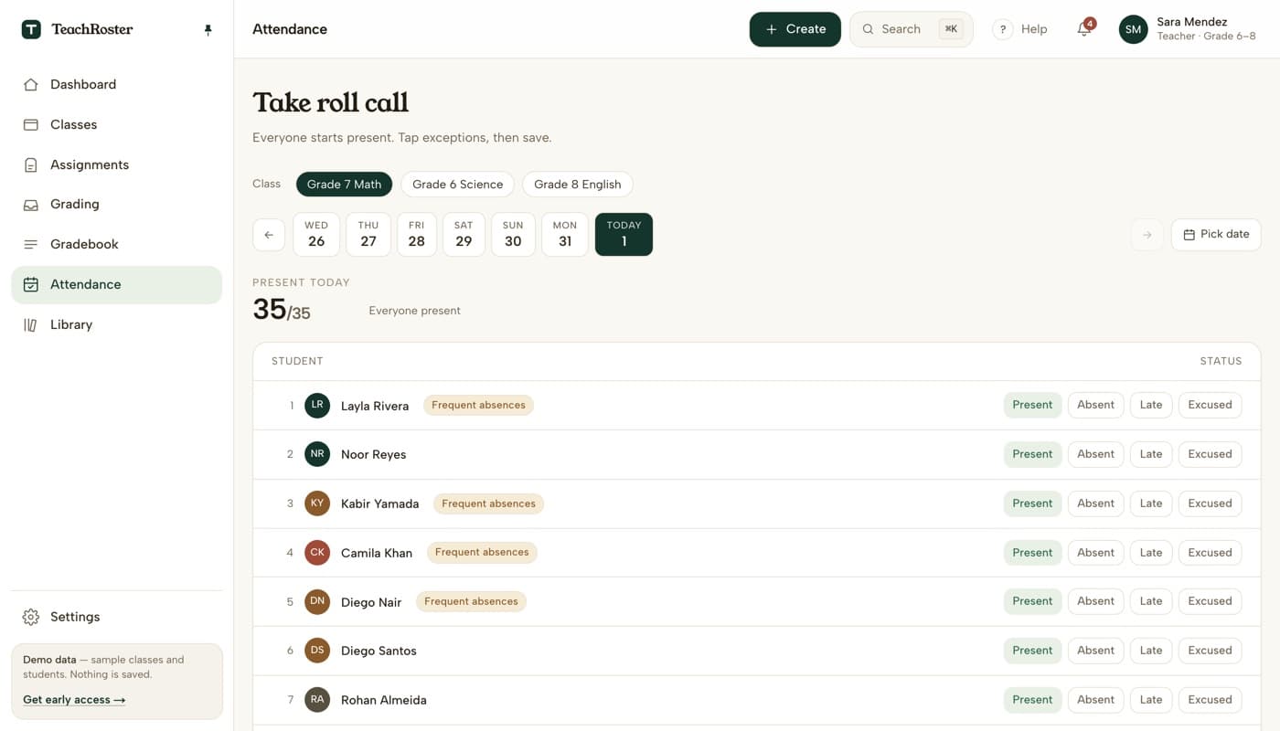 TeachRoster roll call for Grade 7 Math showing 35 of 35 present, a row of date tabs for the past week, and per-student present, absent, late and excused buttons