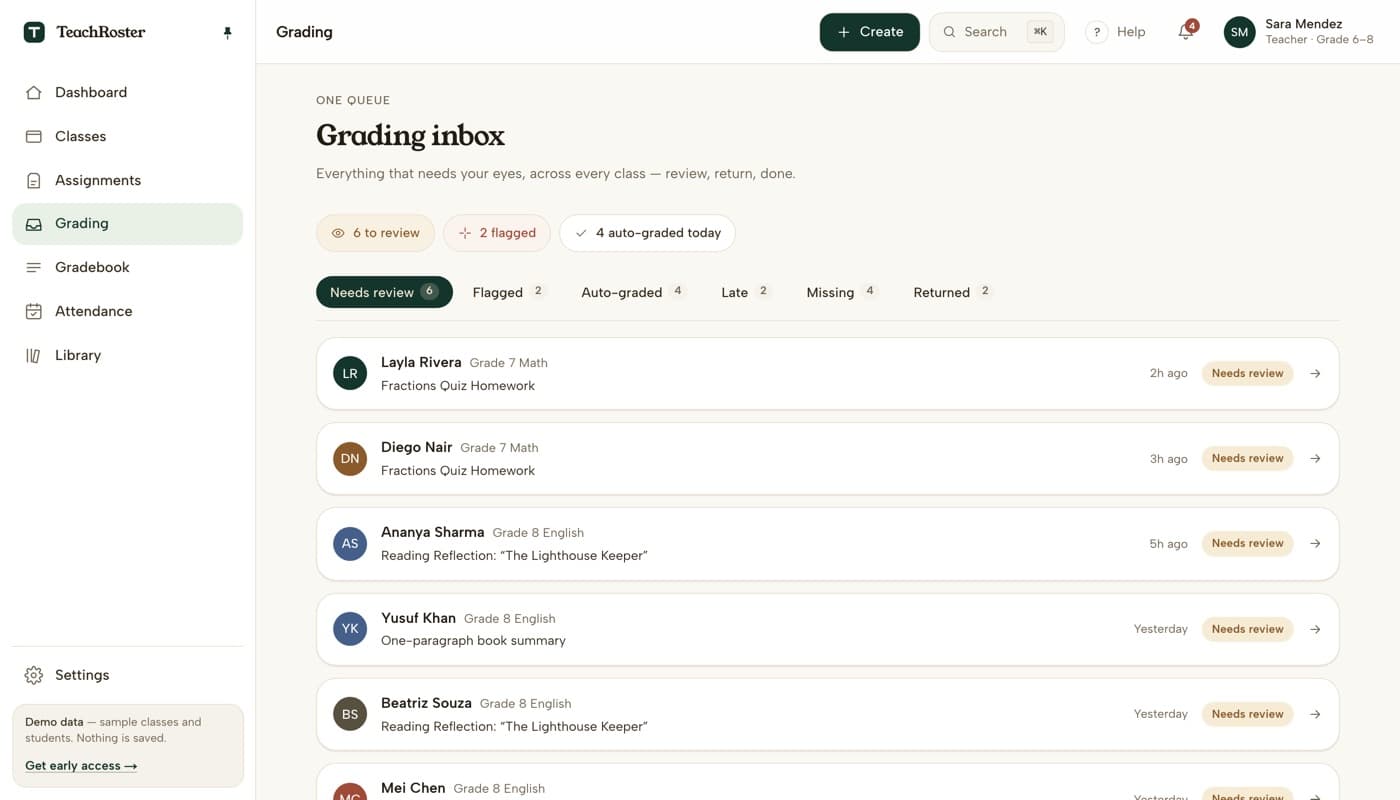 TeachRoster's grading inbox showing one queue across every class, with tabs for needs review, flagged, auto-graded, late, missing and returned