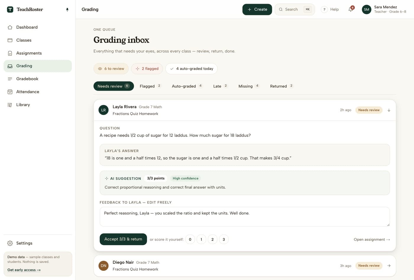 A short answer in the TeachRoster grading inbox with the student's answer, an AI suggestion of 3 out of 3 marked high confidence, a one-line reason, and editable feedback with accept or score-it-yourself buttons