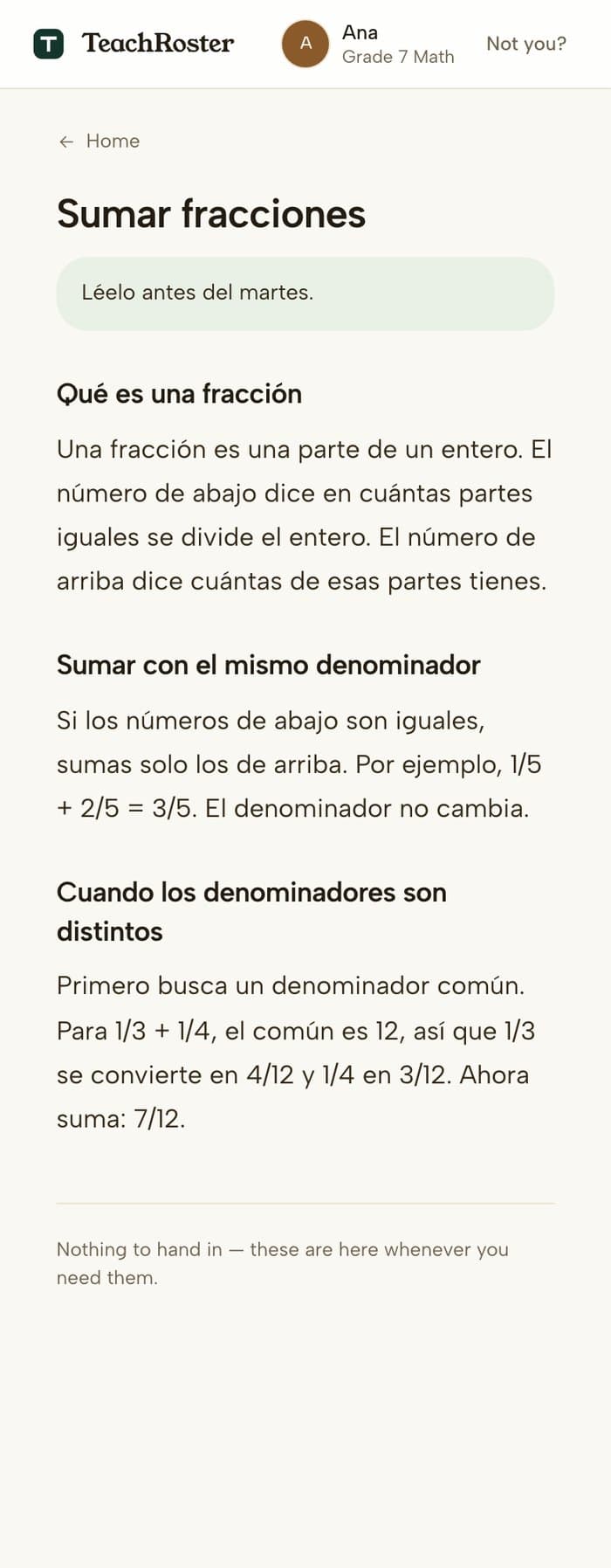 A student's phone showing TeachRoster lesson notes titled Sumar fracciones, written in Spanish with headings and short paragraphs, inside a class called Grade 7 Math