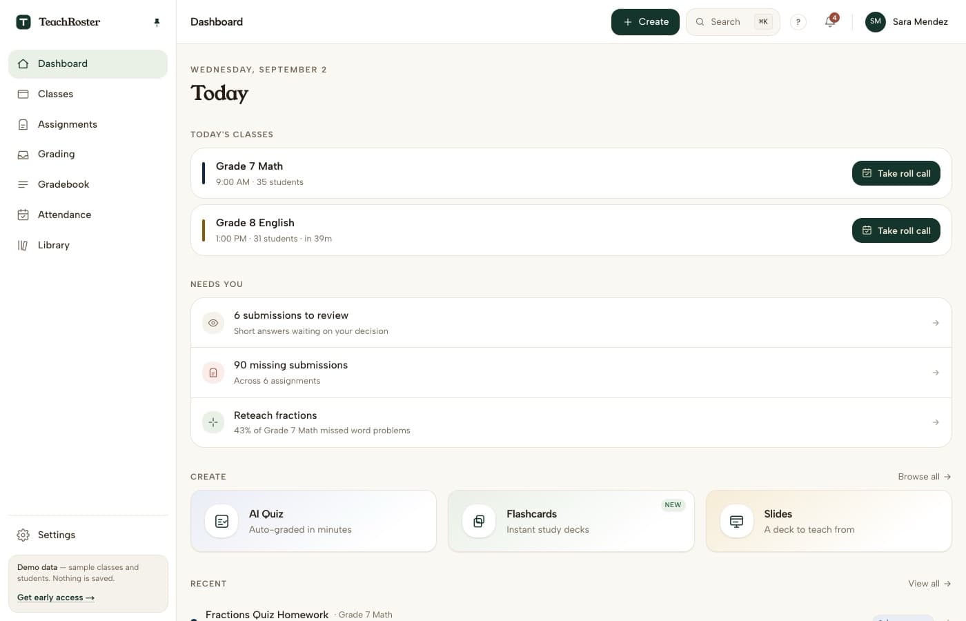 TeachRoster teacher dashboard — today's classes with roll call, what needs review, and the create tools