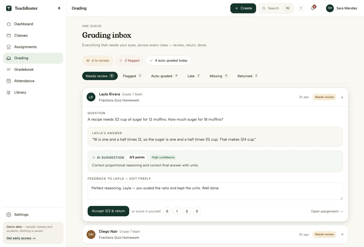 A short answer in the TeachRoster grading inbox with the student's answer, a suggested score marked confident, a one-line reason, and buttons to accept it or set the mark yourself